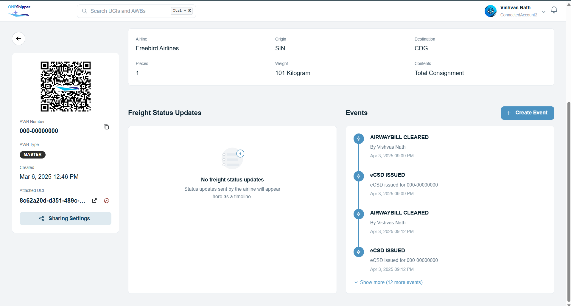 ONEShipper shipment tracking with AWB QR code and event timeline